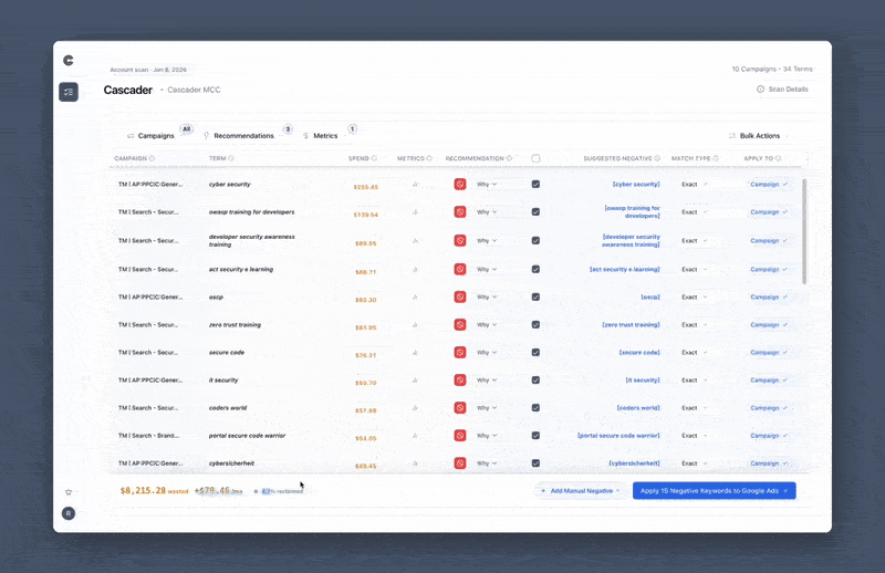 Scan review table showing metrics tooltips, rationale, and editing a suggested negative.